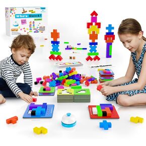 4-in-1 Family Board Games, 120 Pcs Wooden Multi-Level Montessori Toy Fast 3D Shape Pattern Matching Puzzle Stacking Building Blocks Fun Game for Kids Adults Family Night/Party, 1-6 Players Ages 4+