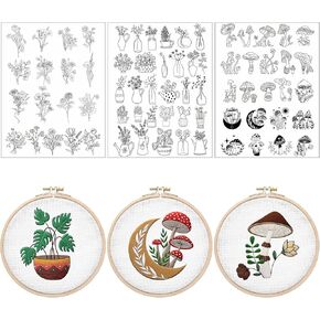 Water Soluble Embroidery Patterns - 3 Sheets Flower Designs Stick and Stitch Embroidery Paper Wash Away 69 Pcs Plant Mushroom Embroidery Transfer Patterns Stabilizers for Hand Sewing