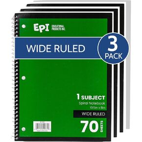 EPI Spiral Notebook | Wide - 70 Sheets, Durable Spiral Binding | 10.5 x 8 in | Classroom Supplies | School, Office, Note Taking, Journaling - 3 Pack