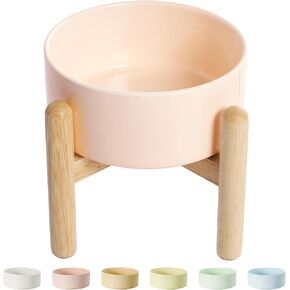 Elevated Dog Bowl Dog Dish - Ceramic Dog Food Bowl with Non-Slip Wooden Stand - Raised Dog Water Bowl - Candy Colored Dog Feeding Bowl - Ideal for Small and Medium Dogs - 2 Cups (23 fl oz) - Pink