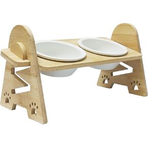 Elevated Dog Bowls-Adjustable Raised Dog Bowls with Stand for Small Size Dogs and Cats, Sturdy Bamboo Dog Feeder with 2 Ceramic Bowls (Ceramic, for Cats & Dogs)