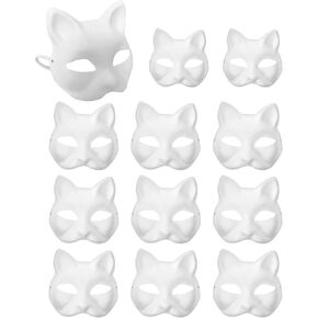 XIPEGPA 12 PCS Therian Masks White Paper Cat Masks to Painted Half Blank Animal Cosplay Facemask Masquerade Mask Costume Prop for DIY Painting