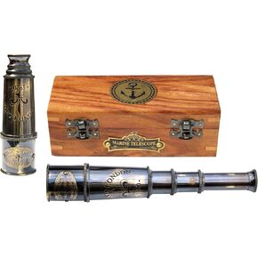 1920 Marine Working Antique Spyglass Brass Telescope with Wooden Box Pirate Navigation with Anchor Wooden Box Monocular Decor for Gifting, 16" Size 20X Zoom