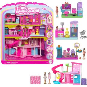 Barbie Mini Land DreamHouse & 3 Playsets with 4 1.5-Inch Dolls, Doll House Furniture & Accessories, Includes Pet Boutique, Hair Salon, & Supermarket