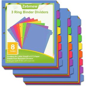 8 Tab Binder Dividers for 3 Ring Binder, Write & Erase Plastic Dividers with Tab,Colored, Notebook Dividers for School & Office, 3 Sets