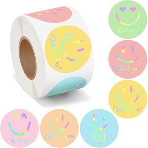 500Pcs Smile Thank You Stickers Roll Holographic Pastel Adhesive Labels for Small Business Packing Envelope Seals Handmade Crafts Gift Wedding Baby Shower Party Favors Greeting Cards, 1.5 Inch