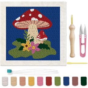 BEUNITONE Mushroom Punch Needle Embroidery Starter Kits Mushroom Embroidery Kits for Beginners Flower Punch Stitching Kit for Adults with Instructions 9.4'' x 9.4'' DIY Needlepoint Kits for Decor