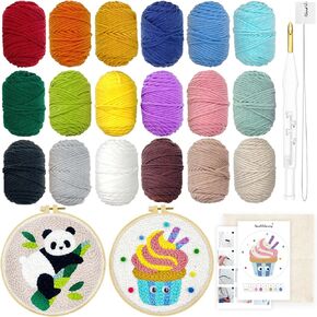 Hand U Journey Punch Needle Beginner DIY Kit, 1 Punch Tool /18 Colors Yarn/Two 8.4'' Imitated Wood Hoops & Monk's Cloth and 5 Design Patterns for Kids Starters Craft Gifts