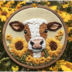 DIY Punch Needle Kits for Beginners Cute Cow with Hoop Punch Needle Starter Craft Embroidery Set Easy for Adults and Children Festival Gift and Decoration 20x20cm-3
