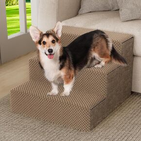 YITAHOME 15" H 3-Tier Dog Steps for Beds and Couches, PP Support Boards with Washable Cover, Non-Slip Foam Pet Stairs for Small and Senior Dogs (Brown, 18" L x 15" W)