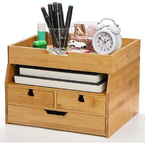 ZENFUN Bamboo Desk Organizer with Drawers, 4 Tier Original Bamboo Desktop Organizer Multifunctional Desktop File Organizer Letter Tray Holder for Home Office Supplies（Assembly Required）