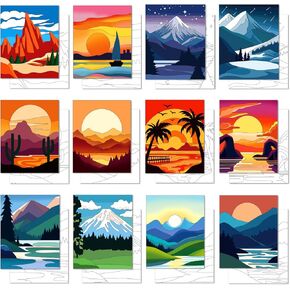 GLASSWINDS 12 Pcs Pre Drawn Canvas to Paint for Adults, 8 x 10 Inch Paint Canvases for Painting, Pre Printed Canvas Set Sip and Paint Kit for Paint Party Favors(Landscape)