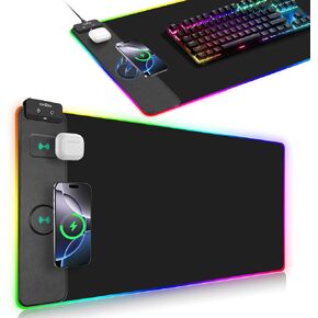 وسادة الماوس الشحن اللاسلكي ، RGB Gaming Mousepad ، 31.5 "x15.7" لوحة مكتب كبيرة إضافية ، 13 أوضاع ضوئية ، سطح فائق ، قاعدة غير قابلة للانزلاق ، حصيرة لوحة مفاتيح كمبيوتر مقاومة للماء لجهاز MacBook ، الكمبيوتر ، الكمبيوتر المحمول ، الأسود