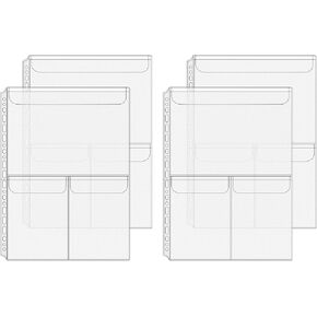 A4 Binder Pockets No Zipper Cash Envelopes 4pcs Binder Sleeves with Flap 3 Pocket PVC Pouches for Money Organizer Photocard Sleeve Office School Inserts Supplies (3Pockets)