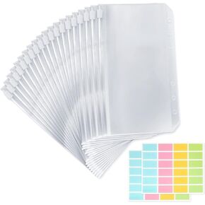 IJIAMY 20PCS Binder Pockets A6 Size 6 Holes Zipper Cash Envelopes Binder Pouch Folders Clear (A6)