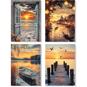 RICUVED Paint by Number for Adults Framed Canvas, 4 Pack Paint by Number Kits Landscape Arts and Crafts for Beginner, Easy DIY Sunset Sea Acrylic Oil Painting Number Kits for Home Decor(7.8X11.8inch)