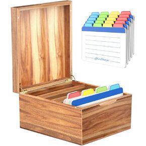 Neando 5’’x8’’ Index Card Holder, Acacia Index Card Box, Index Card Organizer Case, Wood Recipe Box with Dividers, 4 Compartments for 600 Cards, File Note Flash Card Holders, 9.25’’W x 10’’D x 6.1’’H