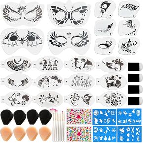 Face Painting Kit, 47PCS Face Paint Kit with Plastic Reusable Stencils, Face Paint Stencils with Sponge, Stickers, Brushes, Facepaint Makeup Kit