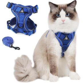 Cat Harness and Leash Set for Outdoor Walking, Upgraded Escape Proof Adjustable Kitten Vest with Lead for Small Cat, Soft Breathable Mesh Jacket with Reflective Strips for Dark Night (S, Blue)