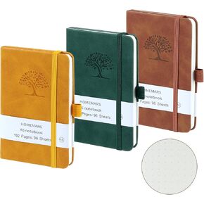 HOMEMARS Small Notebook, Pocket Notebook, 3 Pack, Notebook A6, Dotted,3.7" x 5.7"Leather, Brown, Green, Yellow,192 Pages Each, Hardcover, Mini Journal Notepad, Embossing Tree Design
