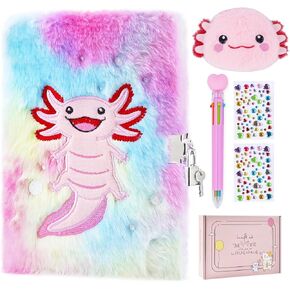 Axolotl Diary with Lock, Gift for 8 9 10 Year Old Girl, Secret Diary Journal Notebook with Coin Purse, Multicolored Pen, Stickers, Practical Gift for Birthday Easter