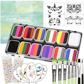Professional Face Painting Kit For Kids 12 Split Cake Palettes Water Based Non Toxic Kids Face Paint with Stencils & Brushes for Halloween Christmas Makeup