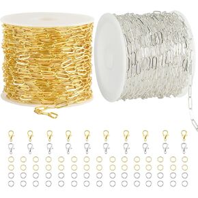 2 Rolls Paperclip Chain for Jewelry Making 32.8 Feet Jewelry Chain Links Silver and Gold Chains Bulk with Lobster Clasps and Jump Rings for DIY Craft Finding Jewelry Making Supplies
