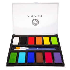Kraze FX Basic Party Professional Face Paint Palette (12 x 10 gm) - Water Activated, Hypoallergenic, Safe, Non Toxic Body Paint Makeup Cosplay SFX Halloween Face Painting Kit for Kids Adults