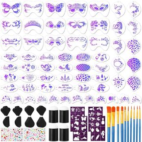 Thenshop 89 Pcs Face Paint Stencils Kits Includes 61 Reusable Facial Painting Stencils with 6 Stickers 12 Face Paint Sponges 10 Painting Brushes Tattoo Painting Templates for Halloween Party Makeup