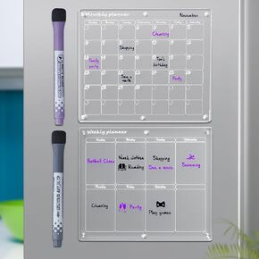 Acrylic Fridge Calendar - Monthly and Weekly Magnetic Calendar for Refrigerator Clear 2-Piece Dry Erase Calendar Board and Reusable Planner with 2 Markers (Monthly & Weekly Calendar Set)