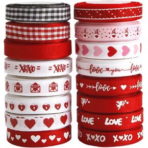 VATIN Valentine's Day Ribbons 3/8 Inch x 240Fts(16 Rolls x 15Ft) Valentine's Day Trims Grosgrain Ribbons Hearts Printed Ribbon for Valentine's Day Wedding Gift Wrapping DIY Crafts