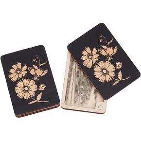 AHANDMAKER 2 pcs Wooden Needle Box Sewing Needle Storage Box Sewing Pins Organizer with Flower Print for Quilters, Sewers, Tailors, Black,3.15x1.97x0.14 Inch