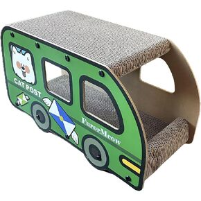 Cat Scratcher House Bus, Green, Scratching Post, Long Strong 2 Story Cardboard Cat House Indoor with Scratching Board for Small & Medium Cats, 9x11.8x22 Inch, Cat Tunnel, Peekaboo Hideaway