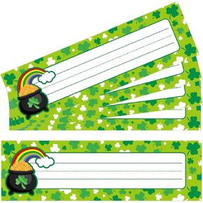 50 Pcs St. Patricks Day Shamrock Clover Desk Name Tags Nameplates Classroom Nameplates for Student Desks and Locker Labels St. Patricks Classroom Décor(St. Patrick-2)