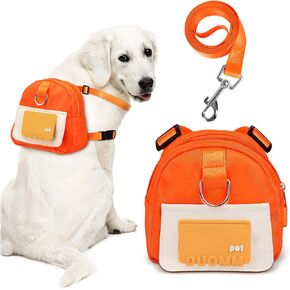 Adjustable Dog Backpack Harness with Leash & Poop Bag Dispenser, Waterproof Dog Saddle Bag, Pets Self Carrier Dog Harness Bag for 17-33 Lb Medium Doggy Travel Hiking Walking (Orange)