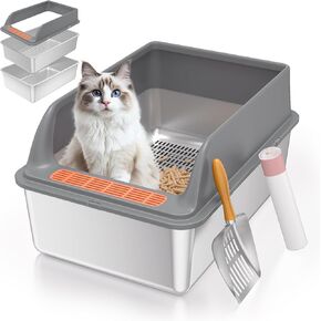 Stainless Steel Sifting Litter Box with Lid, Sifting Cat Litter Box for Pine Pellets & Small Cats, Metal Sifter Litter Pan System for Odor Control, with Litter Box Liners & Metal Scoop,M