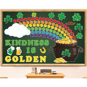 155PCS St.Patrick's Day Bulletin Board Decoration Set Shamrock Bulletin Board Decoration Kindness is Golden Cutouts for Bulletin Board St.Patrick’s Party Supply Classroom Chalkboard Wall Decor