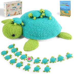 Strywiin Crochet Kit للمبتدئين ، 21 PCS Turtle Family Crochet Kit مع دروس فيديو خطوة بخطوة ، مجموعة من الكروشيه المبتدئين DIY للبالغين ، مثالية لهدايا أعياد الميلاد والعطلات