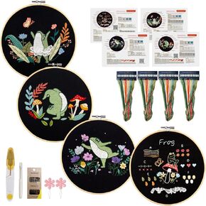 Phylisn 4 Sets Embroidery Kit for Beginners Adults,Cross Stitch Starter DIY Kits with Frog Patterns,2 Hoops,Color Threads, Tools,Easy Learn to Embroider with Instruction & Video