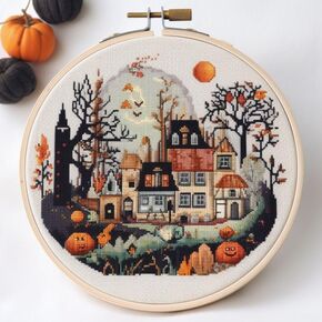 Generic Counted Easy Cross Stitch Kits Halloween Pumpkin Color Stamped Embroidery for Starter Kits DIY 11CT Stamped Patterns Embroidery Needlework Kit Supplies 12 Inch Hoop Included(33-X)