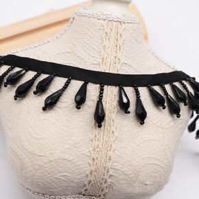 1 Yards Crystal gourd droplets Fringe Beaded Lace Trim Pearl Pendant Tassels Dress Tassel Fringe Lace Trim Decoration Shoes Ornaments Hanging Bead Curtain Sewing (Black water droplet beads)
