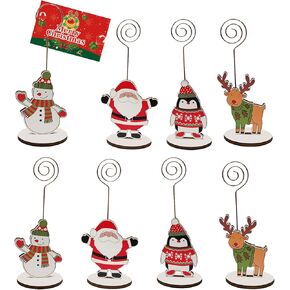 8 PCS Table Christmas Party Decoration Table Standing Business Cards, Wooden Christmas Memo Clip Christmas Table Picture Standing Memo Holder, Christmas Pattern Table Number Clip Decorations