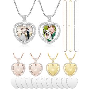 Junkin 24 Pcs Sublimation Rhinestone Trays Pendant Set, Including 6 Double Sided Blank Rhinestone Bezel Trays, 6 Pcs Thick Chains with 12 Sublimation Discs for Making
