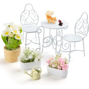 9 Pcs Dollhouse Garden Table Chair Set, 1/12 Scale Metal Miniature Patio Set Fairy Garden Furniture Accessories, Table Chair, 3 Potted Plant, Little Squirrel and Watering Can,for Dollhouse Lovers