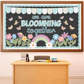 70PCS Spring Classroom Bulletin Board Decorations Flower Bulletin Board Set We are Blooming Together Floral Butterfly Bulletin Board Rainbow Cutouts for School Office Home Wall Decor