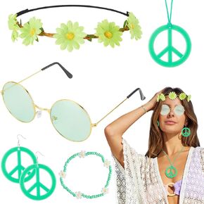 6PCS Hippie Costume Accessories Set, 60s70s Retro Hippie Glasses Peace Sign Earrings and Necklace Sunflower Hair Band