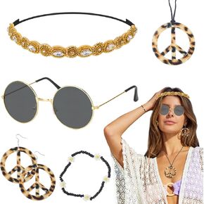 6PCS Hippie Costume Accessories Set, 60s70s Retro Hippie Glasses Peace Sign Earrings and Necklace Sunflower Hair Band in Saudi Arabia