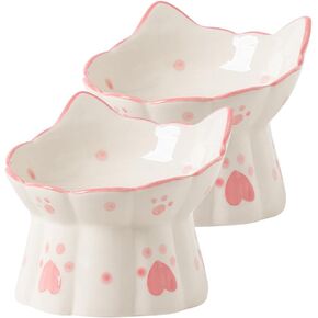 Zerodeko 2pcs Raised Cat Food Bowl Water Bowl Elevated Ceramic Cat Feeder Bowls Porcelain Pet Dish with Stand Stress Backflow Prevention Dishwasher and Microwave Safe