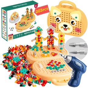 Flybean Magic Montessori Play Toolbox with Drill, Creativity Tool Box with Drill for Kids 3+, Design and Drill Toy for Boys&Girls, Montessori Tool Set(203PCS Dog)