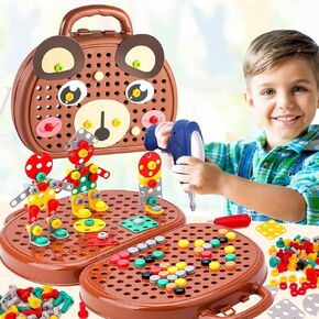 Magic Montessori Play Toolbox - Magic Montessori Play Toolbox Bear with Drill, Creative Mosaic Puzzle Toy Screw Tool Setfor Kids Ages 3-12 Years Old, Educational Toy, Children's Birthday Gifts (Brown)